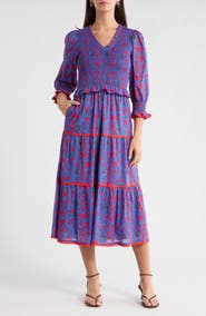 SUGARLIPS Tanya Floral Print Long Sleeve Smocked Dress