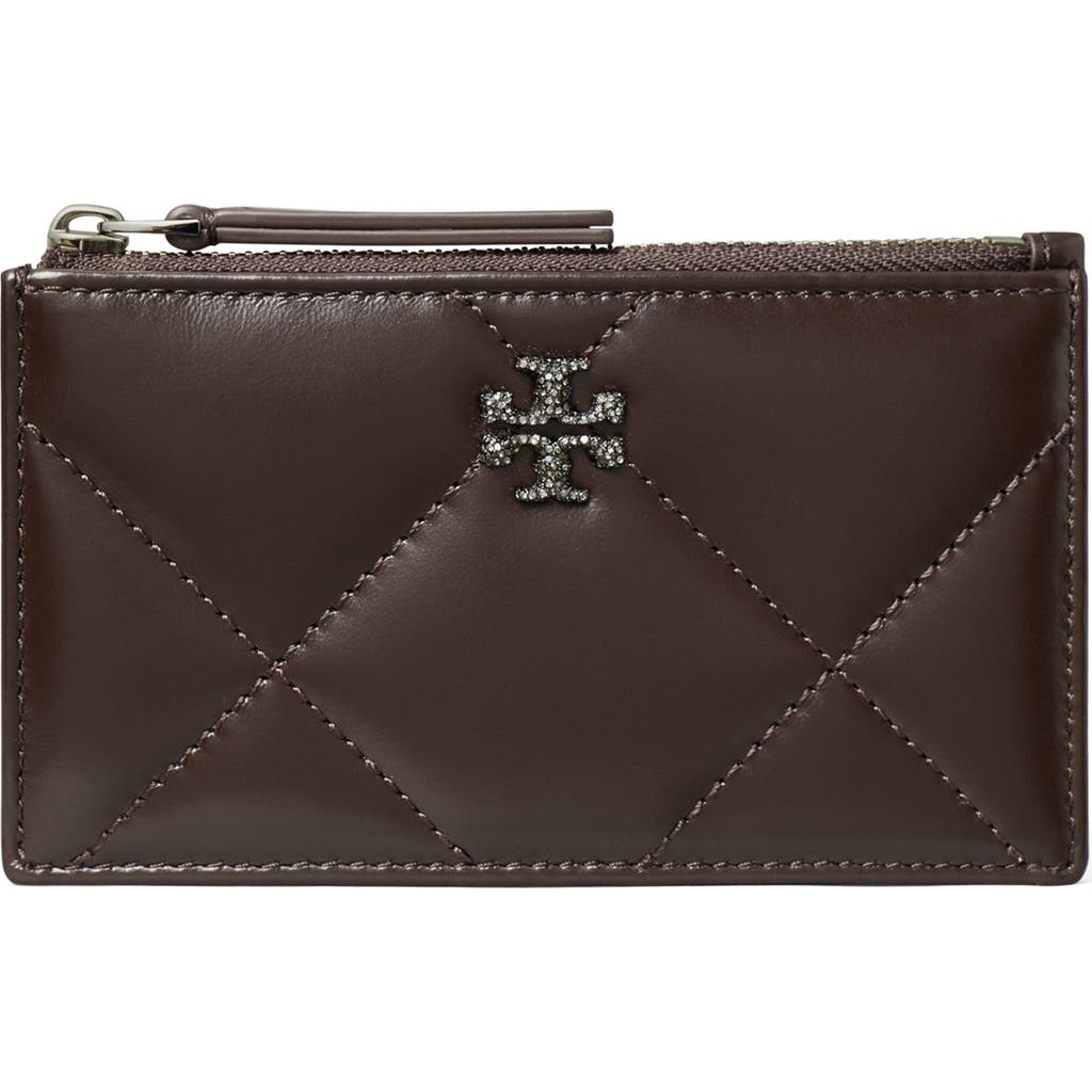 Tory Burch Small Kira Pavé Diamond Quilted Leather Card Case In Brown