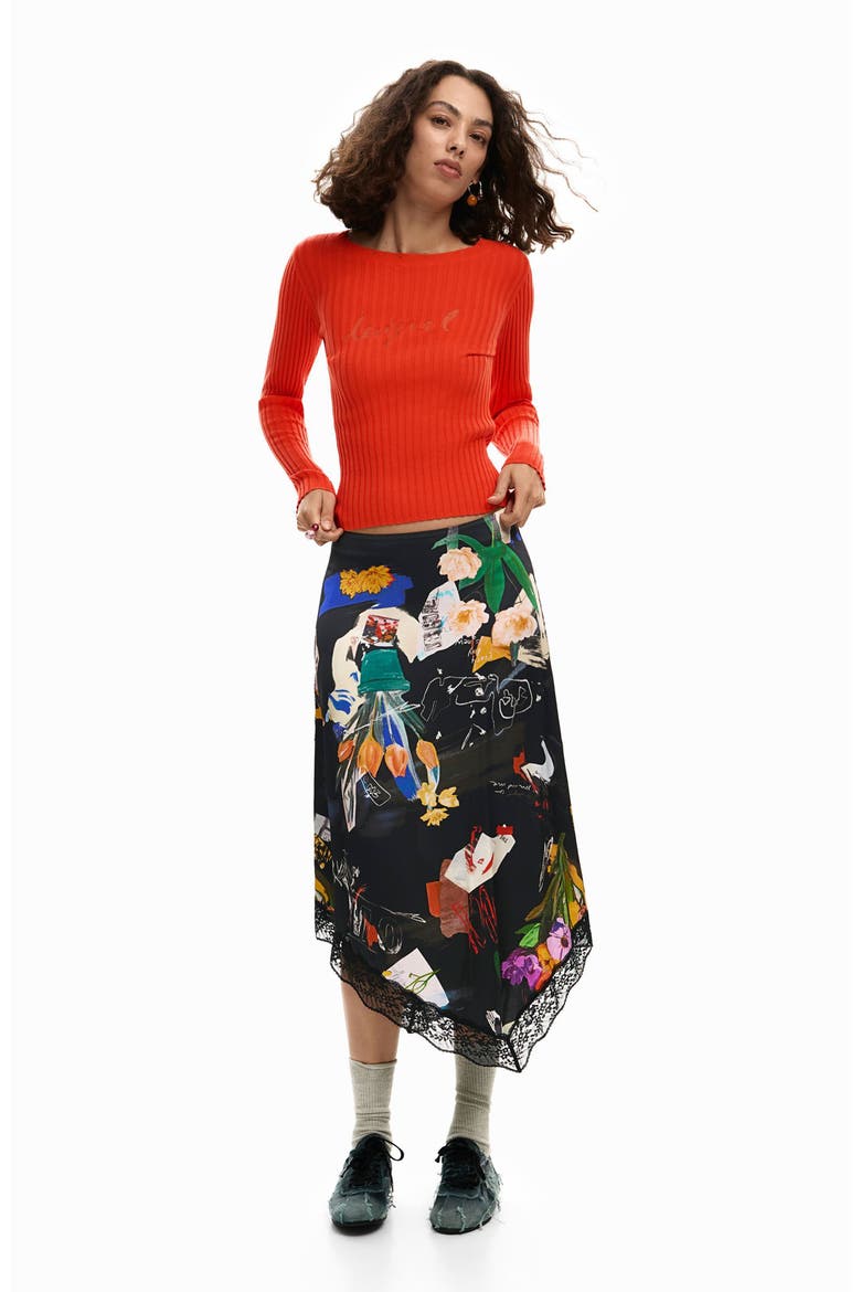 Floral Print Asymmetric Hem Skirt, Alternate, color, BLACK