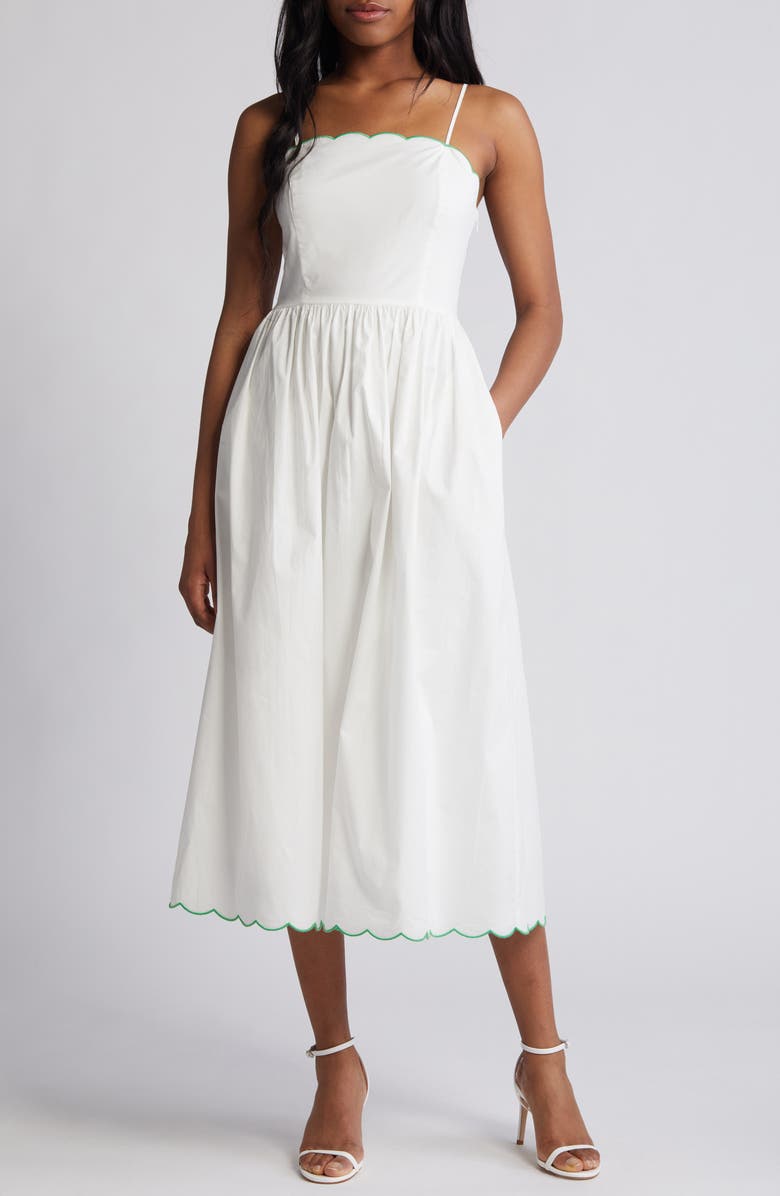 Charles Henry Scallop Stretch Poplin Midi Sundress, Main, color,