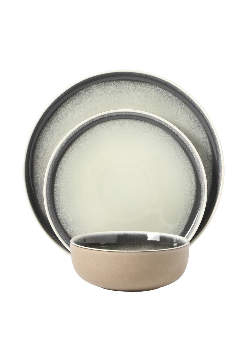 Island Bay New Bone China Dinnerware Set, Reactive Glaze Plates and Bowls, Alternate, color, Ash with Black Rim
