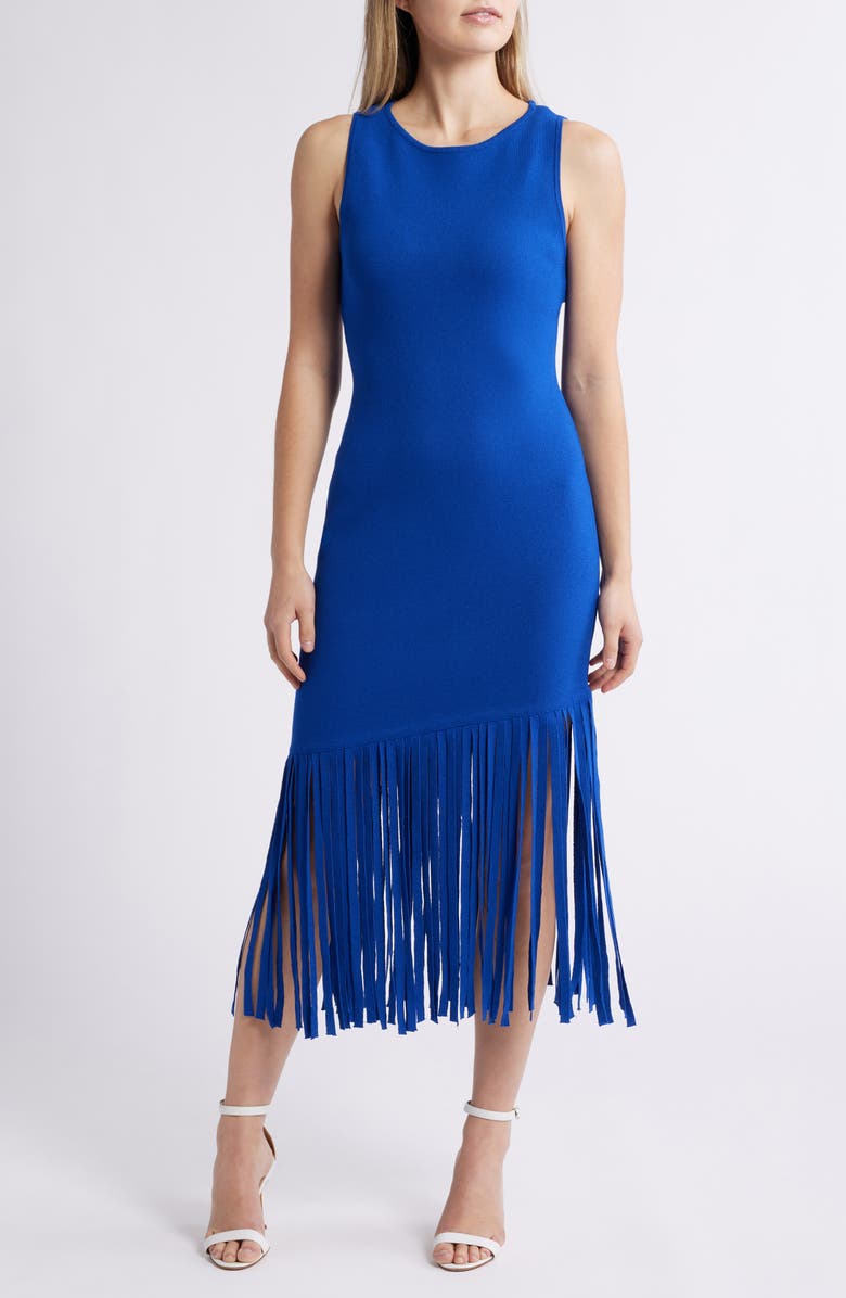 Anne Klein Asymmetric Fringe Hem Knit Dress, Main, color, 
