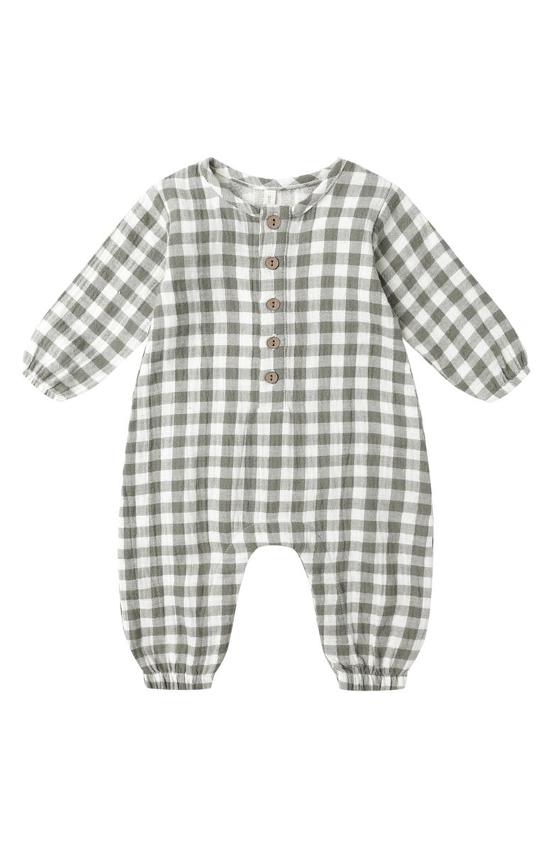 QUINCY MAE Forest Check Organic Cotton Romper, Main, color, Green