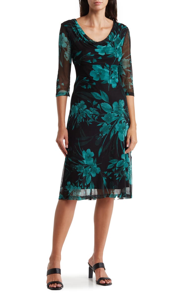 Connected Apparel Floral Cowl Neck Mesh Dress, Main, color, 