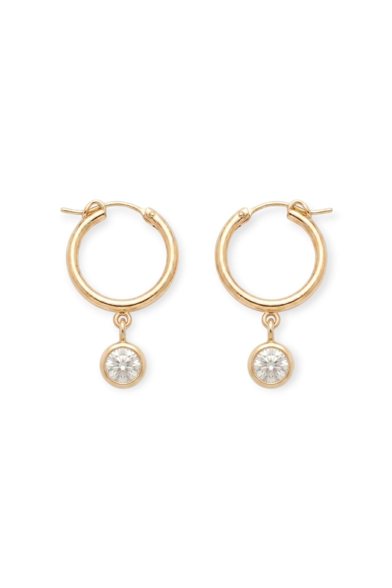bezel stone drop 14k gold filled hoops, Main, color, Gold