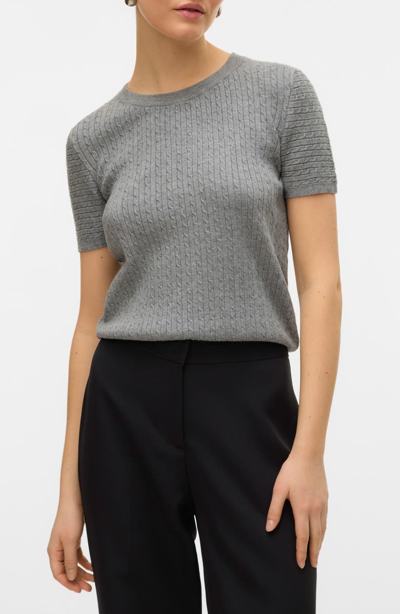 VERO MODA Mirla Short Sleeve Cable Knit Sweater, Main, color, Medium Grey Melange