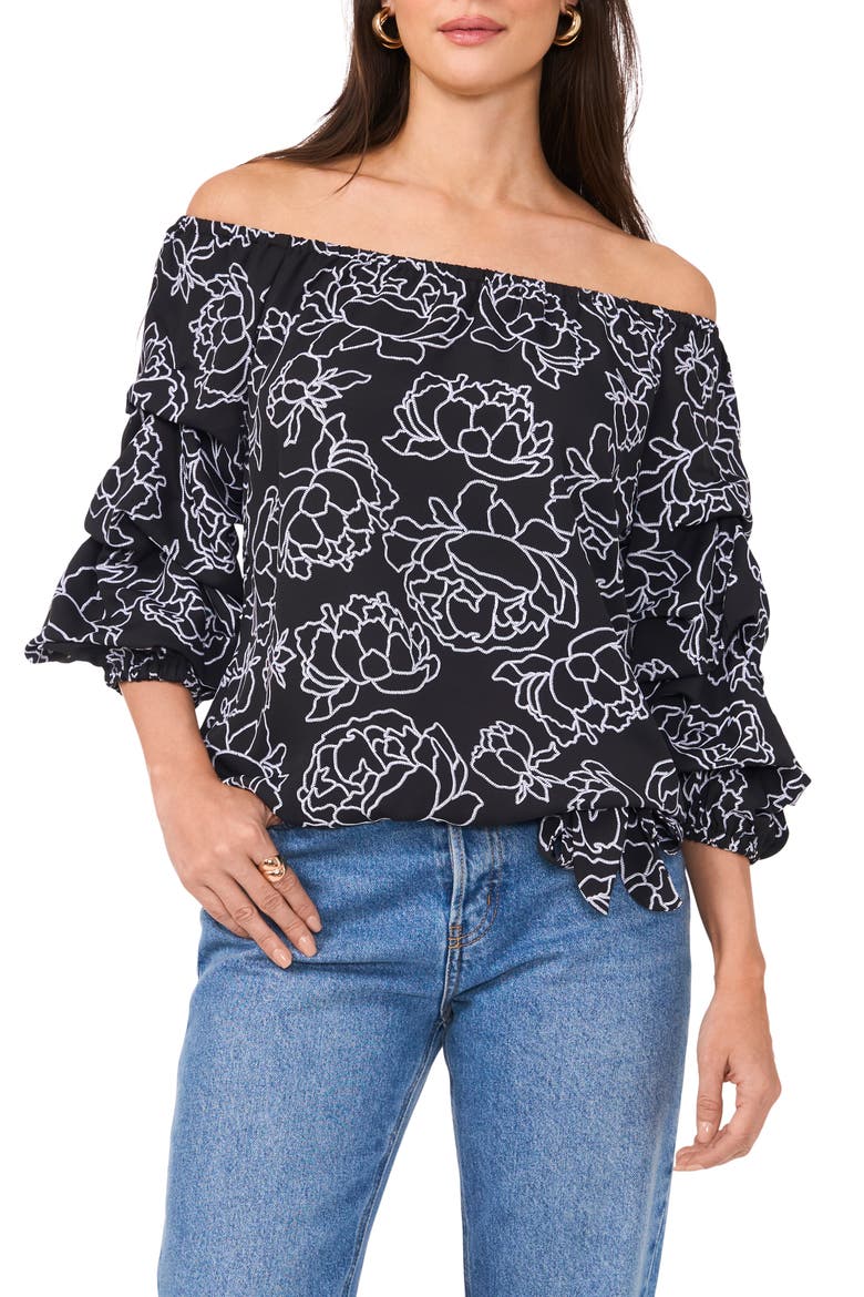 Floral Off the Shoulder Bubble Sleeve Top, Main, color, RICH BLACK