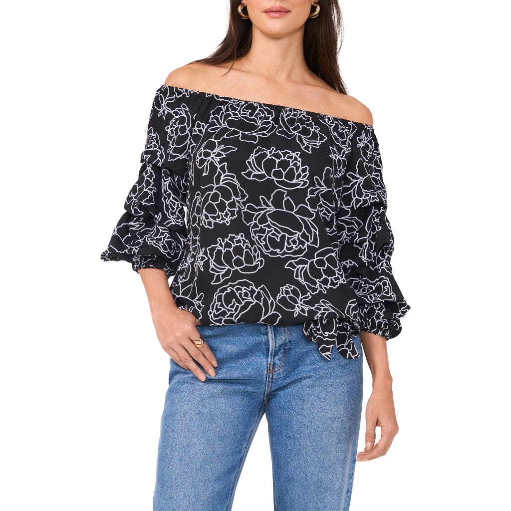 VINCE CAMUTO VINCE CAMUTO FLORAL OFF THE SHOULDER BUBBLE SLEEVE TOP