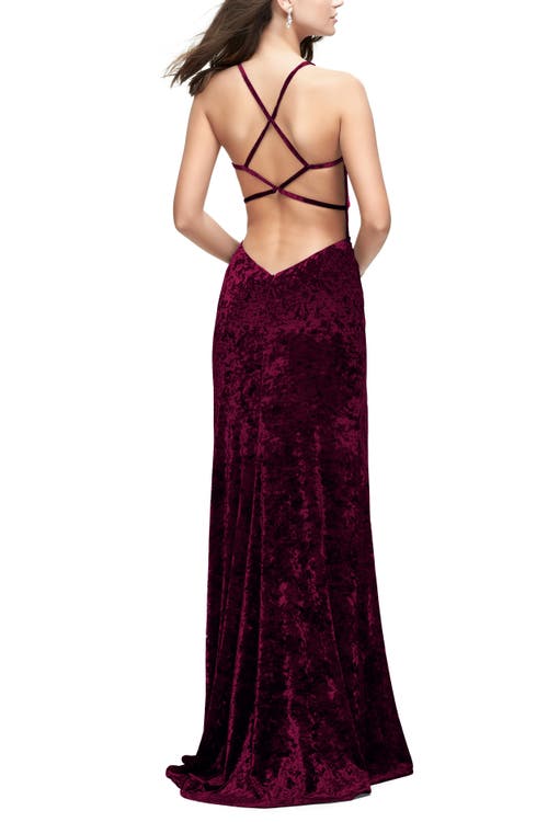 La Femme Crushed Velvet Form Fitting Gown With Leg Slit And Open Back In Wine