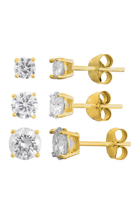 Set of 3 Sterling Silver Round Cubic Zirconia Stud Earrings