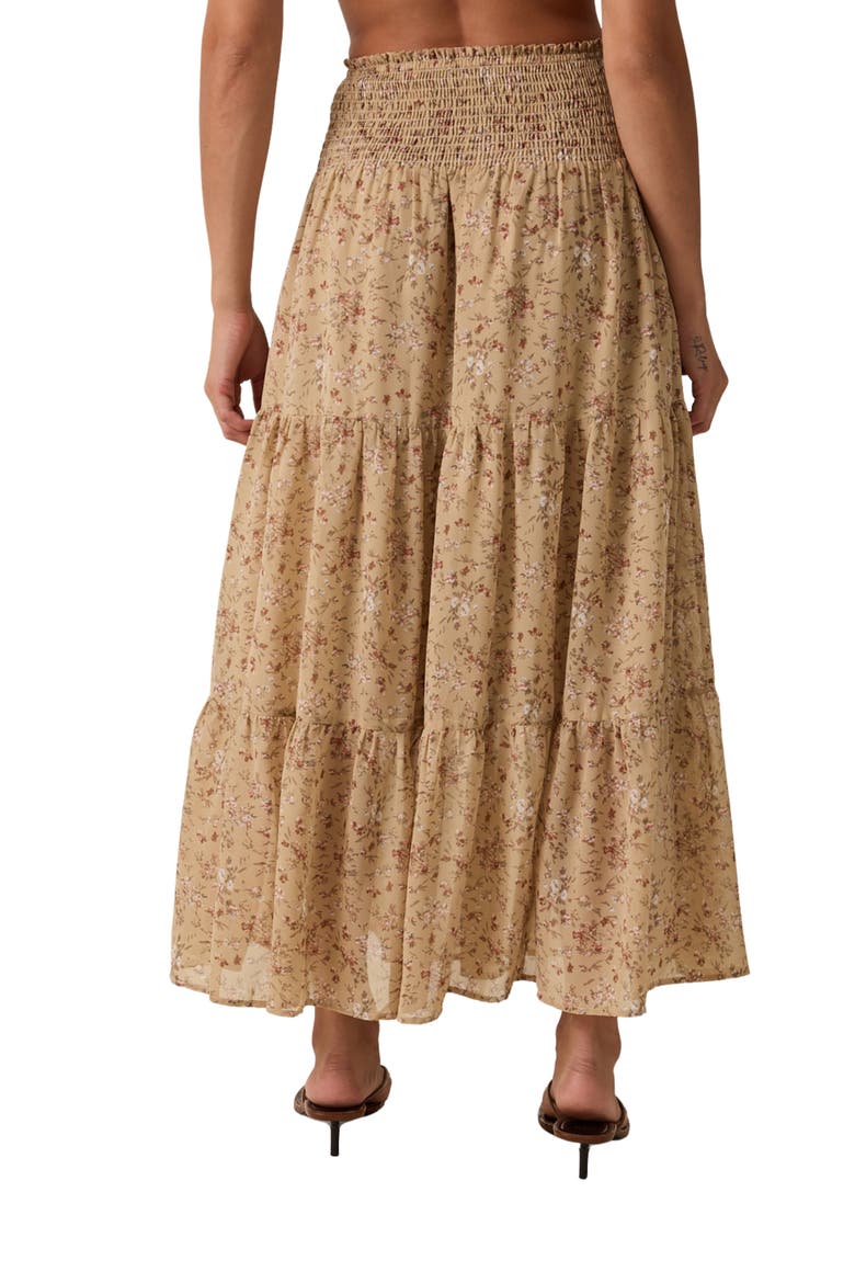 Floral Smocked Waist Tiered Midi Skirt, Alternate, color, TAUPE COMBO