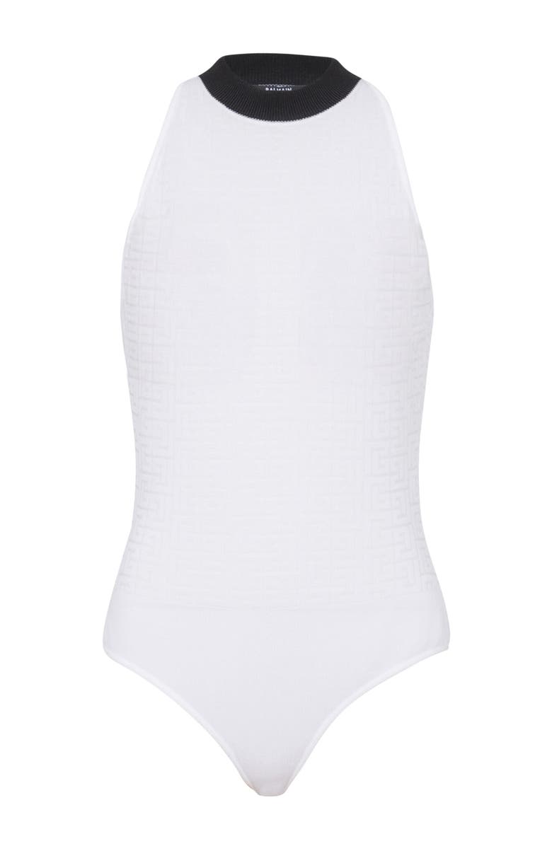 Balmain Two-Tone Monogrammed Knit Bodysuit, Main, color, 