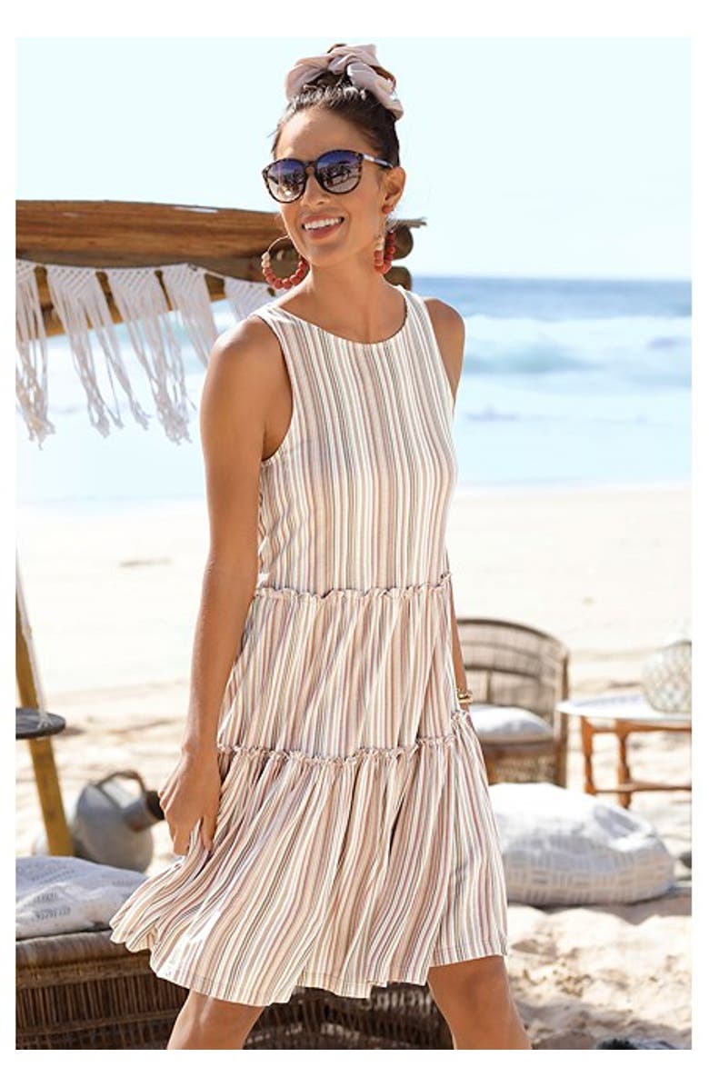 LASCANA Women's Flowy Tiered Dress, Alternate, color, Brown White Striped