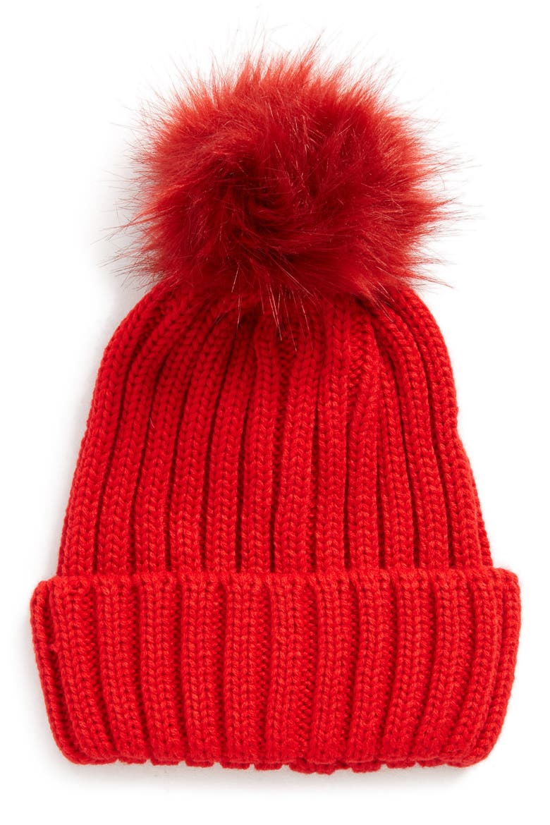 Faux Fur Pompom Beanie, Main, color, RED