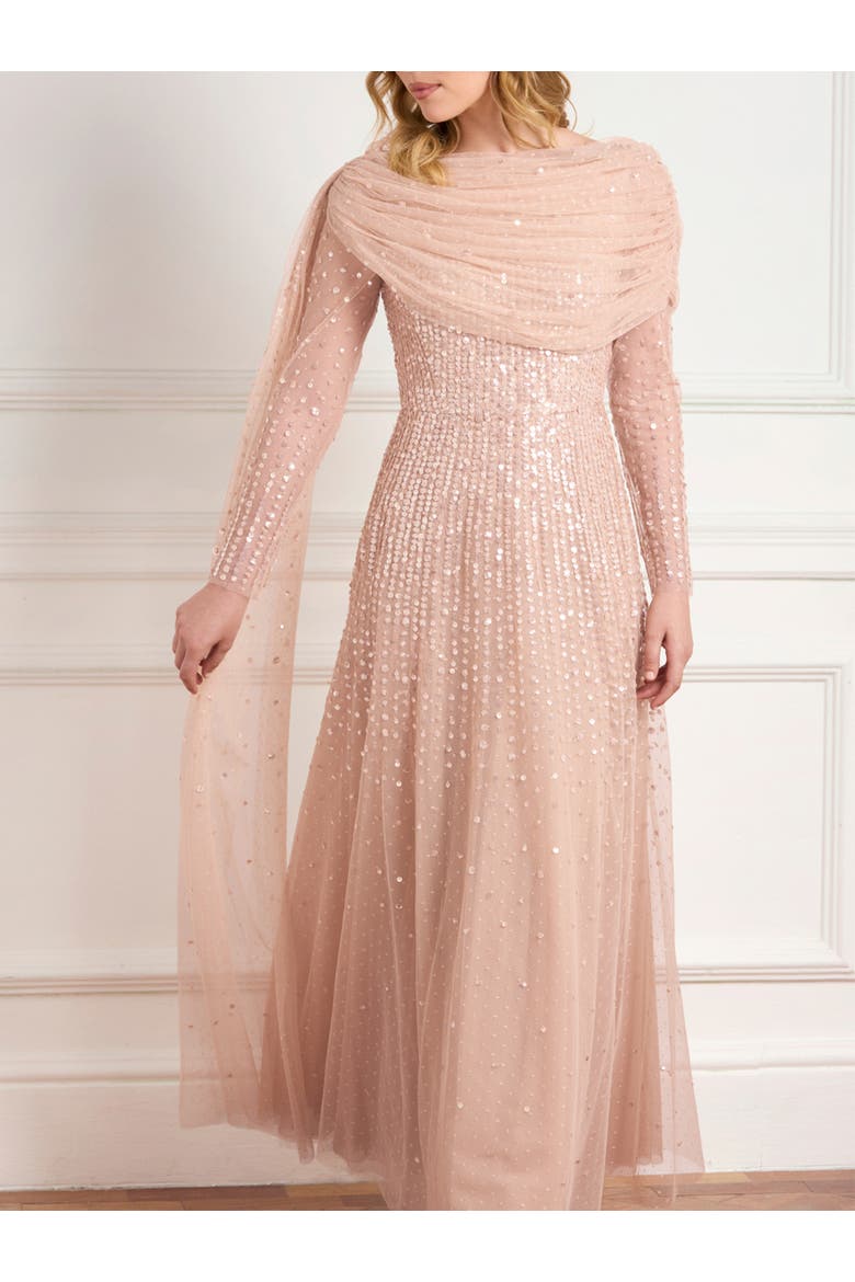 Moonlight Sequin Draped Long Sleeve Gown, Alternate, color, Biscuit