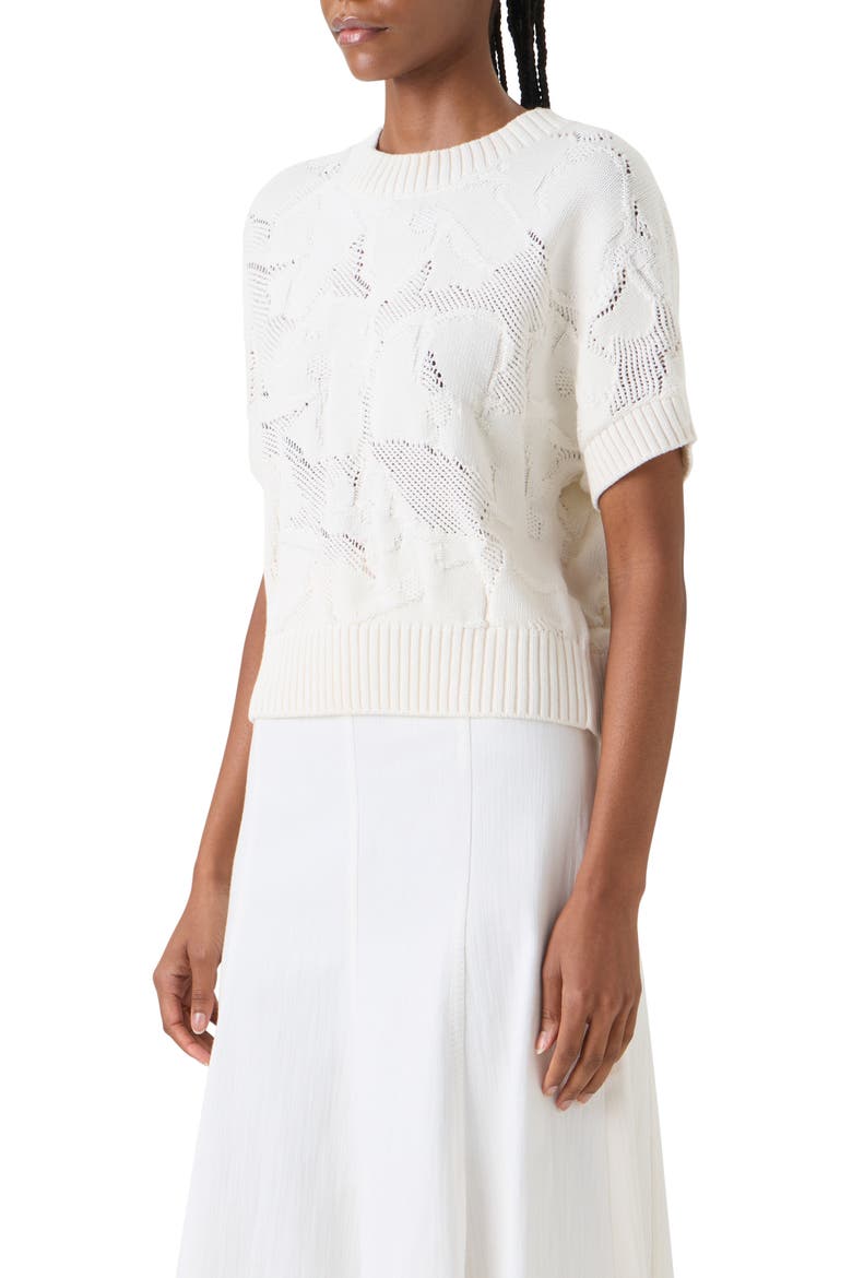 Chunky Ajour Short Sleeve Cotton Sweater, Alternate, color, CREAM