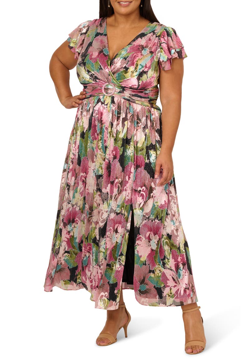 Flutter Sleeve Metallic Floral Maxi Cocktail Dress, Main, color, NAVY/ PINK MULTI