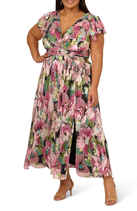 Flutter Sleeve Metallic Floral Maxi Cocktail Dress (Plus)