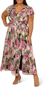 Adrianna Papell Flutter Sleeve Metallic Floral Maxi Cocktail Dress