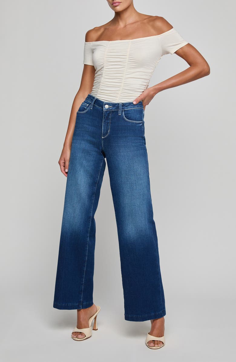 L'AGENCE Baleigh Off the Shoulder Ruched Bodysuit, Alternate, color, Vintage White