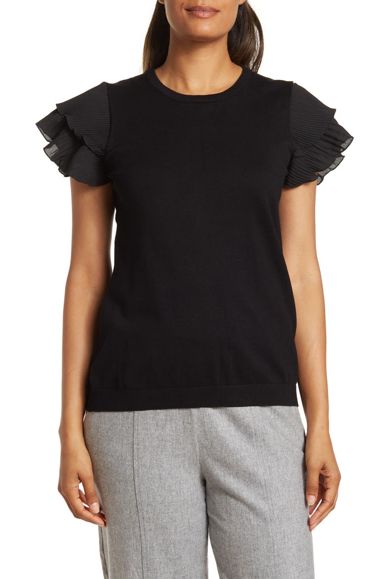 Crewneck Tiered Ruffle Sleeve Top, Main, color, BLACK
