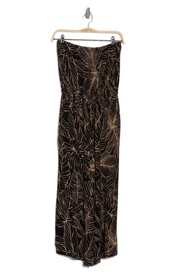 Shop Elan Strapless Print Jumpsuit Swim Cover-up In Black Natural Tropic