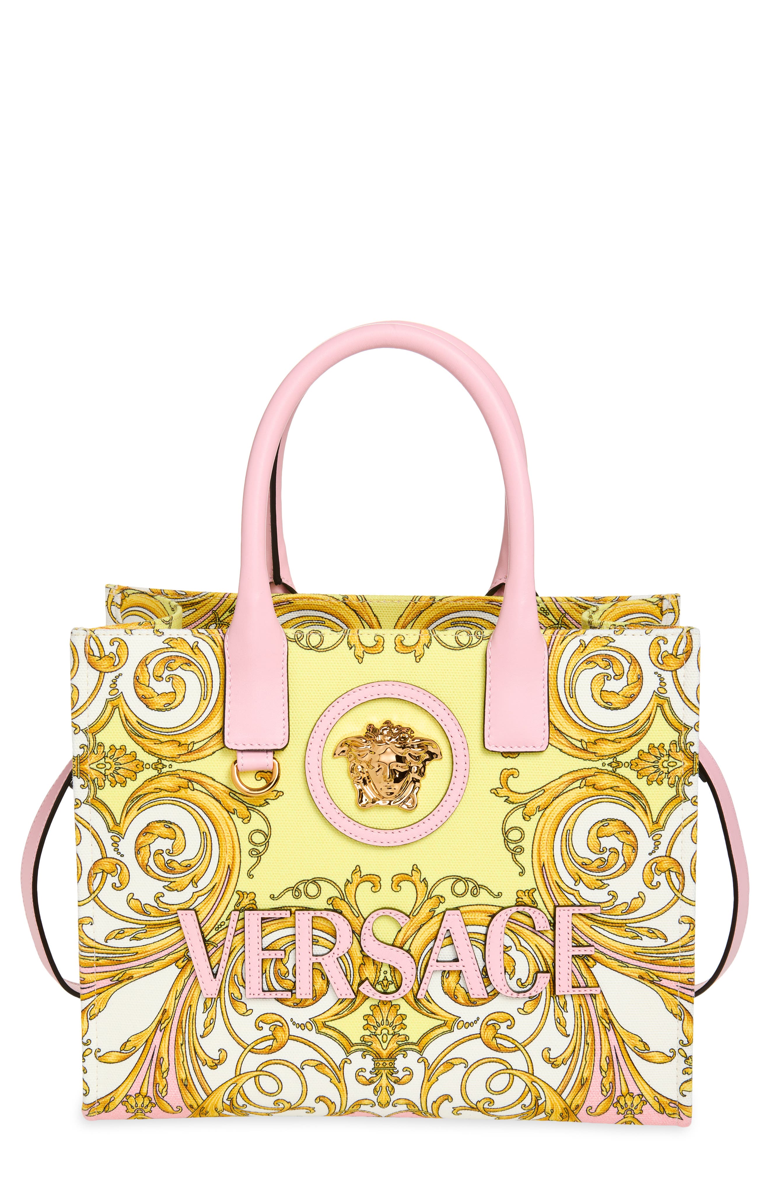 Versace Small La Medusa Canvas Tote, Main, color, Pastel Pink Gold