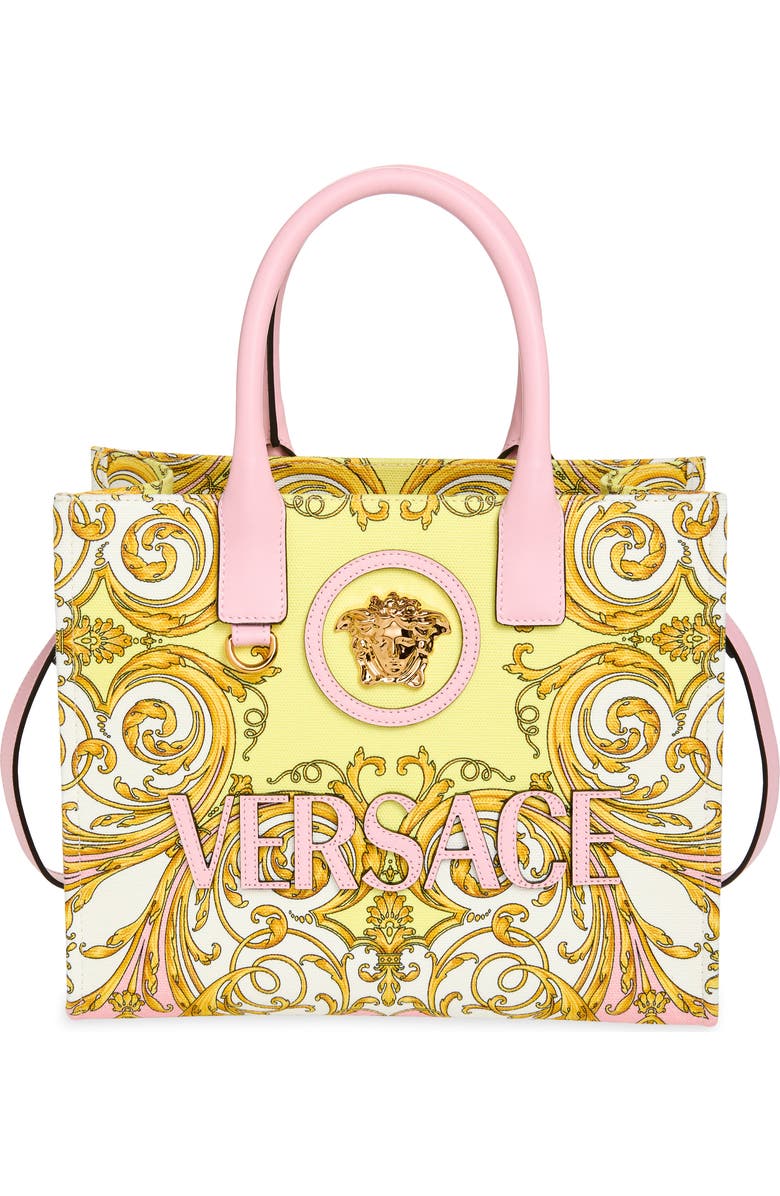 Versace Small La Medusa Canvas Tote, Main, color, Pastel Pink Gold