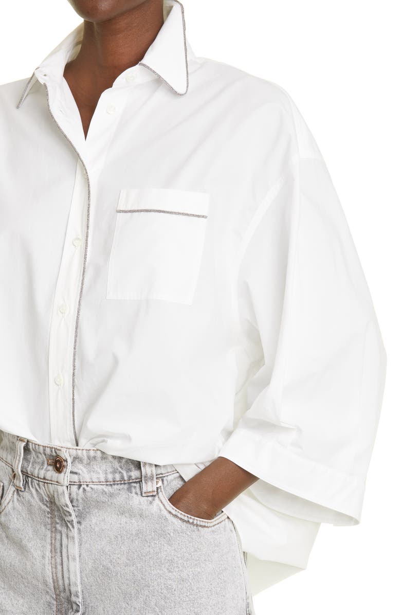 Brunello Cucinelli Embellished Trim Cotton Button-Up Blouse, Alternate, color,