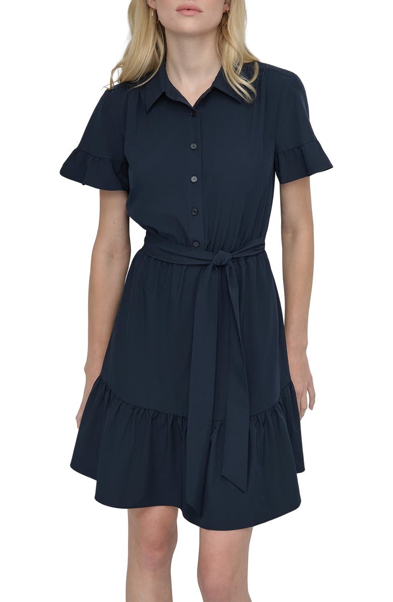 DKNY Ruffle Mini Shirtdress, Alternate, color, Navy