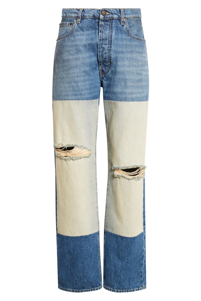Ripped High Waist Patchwork Panel Straight Leg Jeans, Alternate, color, MEDIUM BLUE