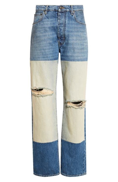 Ripped High Waist Patchwork Panel Straight Leg Jeans