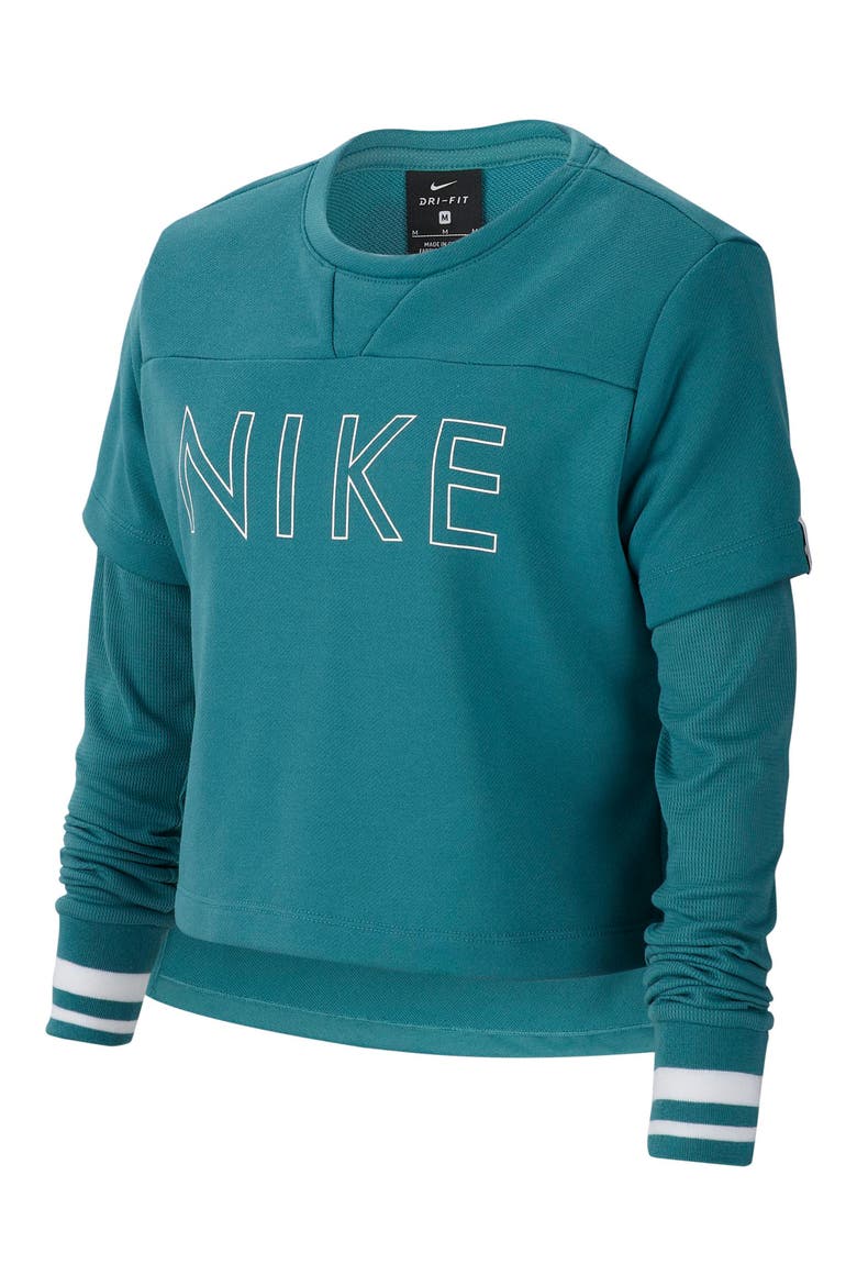 Dri-FIT Studio Crop Training Top, Main, color, MINERAL TEAL/ WHITE/ WHITE