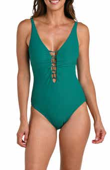 Textured Tides Lace-Up Plunge One-Piece Swimsuit