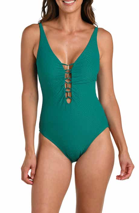 Textured Tides Lace-Up Plunge One-Piece Swimsuit