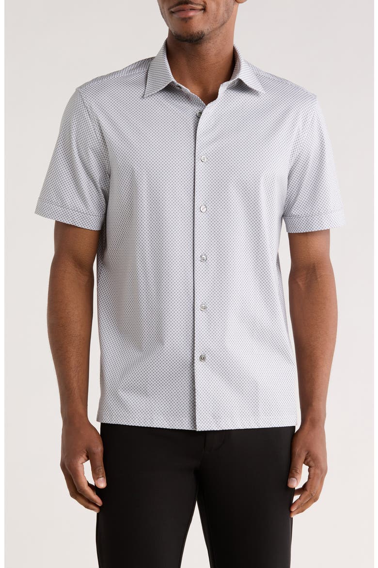 Print Short Sleeve Button-Up Shirt, Main, color, CEMENT