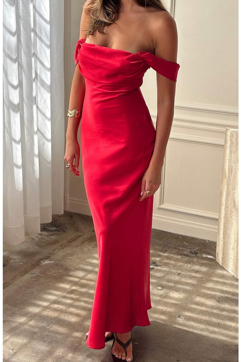Azura Off the Shoulder Satin Gown, Alternate, color, RED