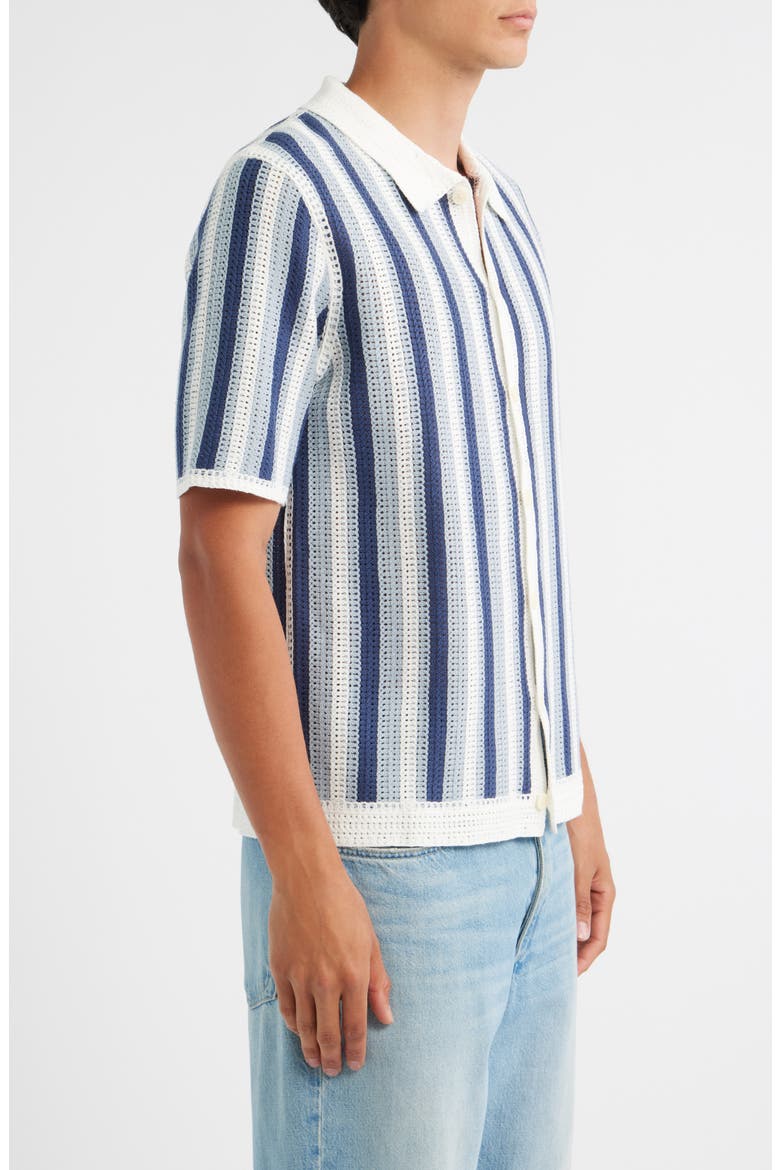Porto Stripe Short Sleeve Cotton Blend Button-Up Shirt, Alternate, color, BLUE / ECRU
