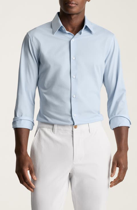 Tech Light Blue Performance Cotton Blend Piqué Button-Up Shirt