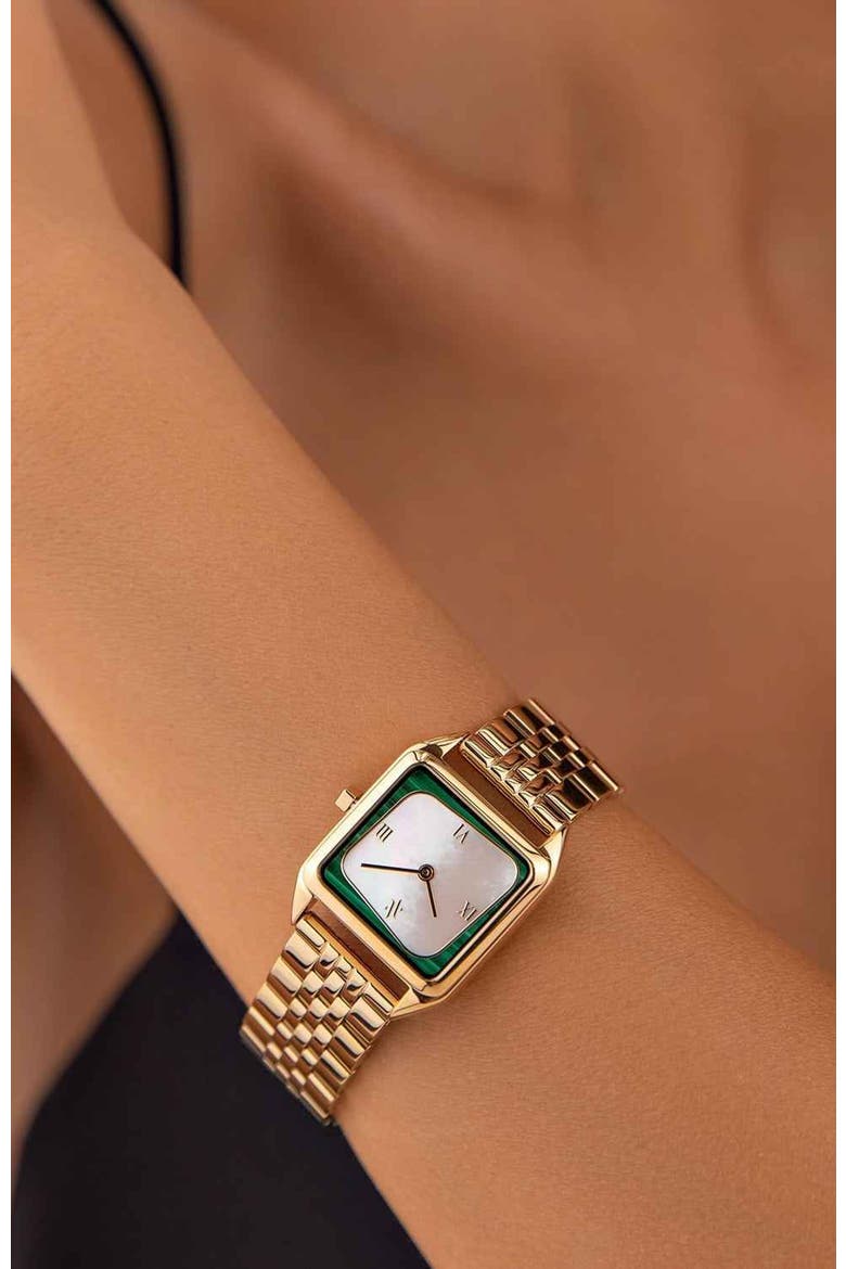 Geminus Double-Gemstone Watch, Alternate, color, White Pearl/Malachite-Gold