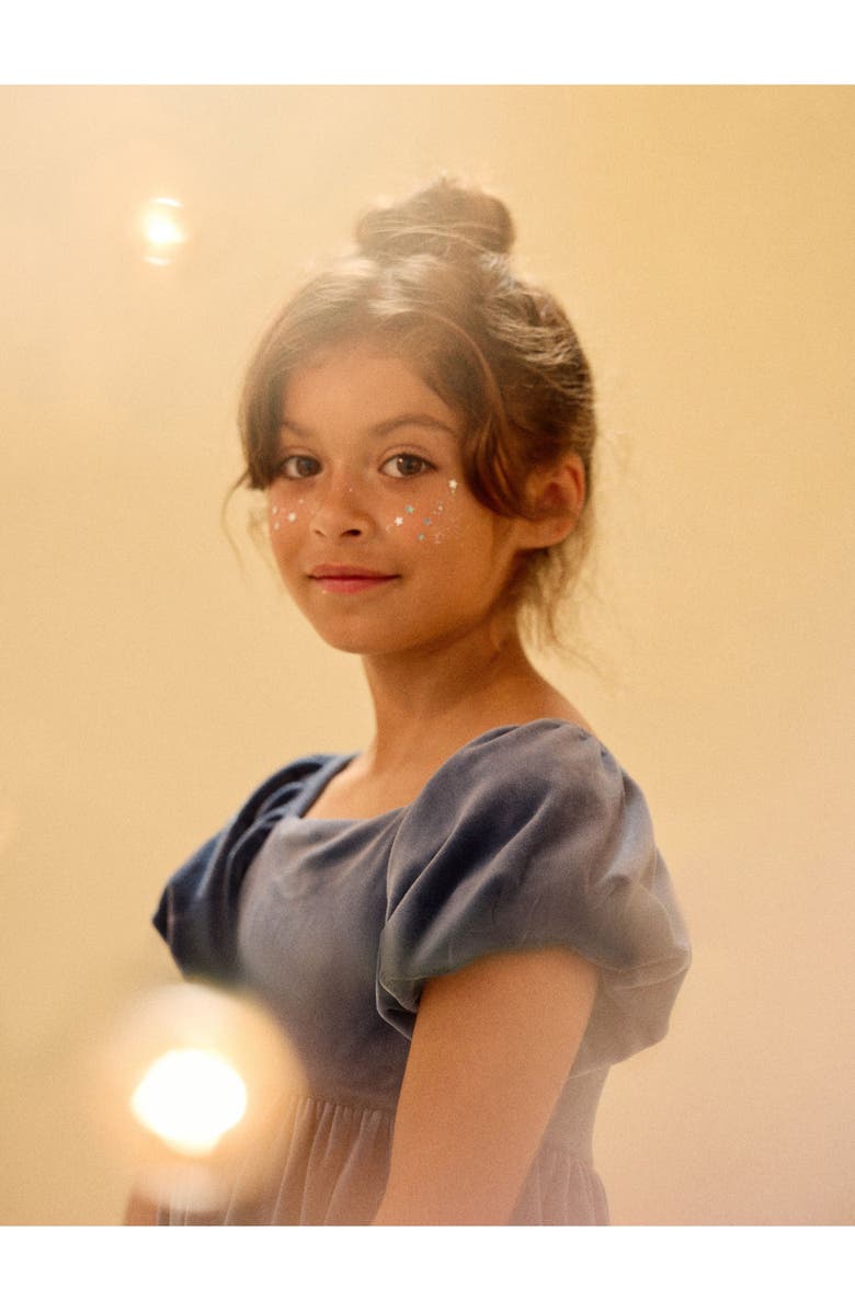 Tea Collection Puff Shoulder Velour Dress, Alternate, color, Naval Blue