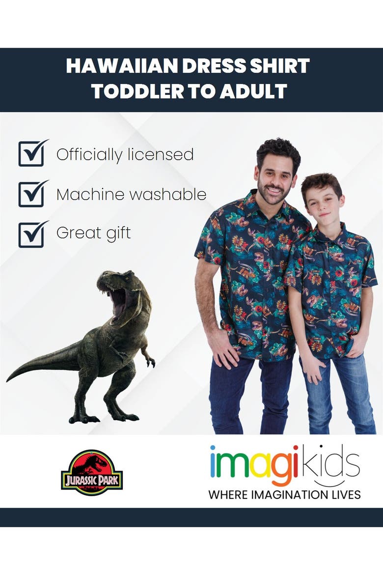 Jurassic Park T-Rex Hawaiian Short Sleeve Button Down Shirt, Alternate, color, Black Dino Tropical