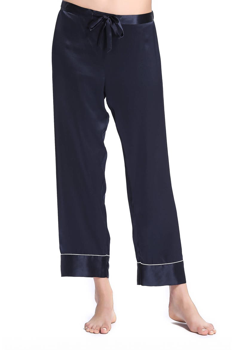 Women's Chic Trimmed Silk Pajama Set, Alternate, color, Navy Blue
