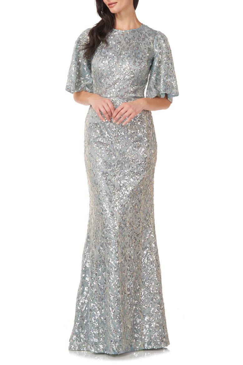 Sequin Flutter Sleeve Trumpet Gown, Main, color, SPEARMINT SILVER