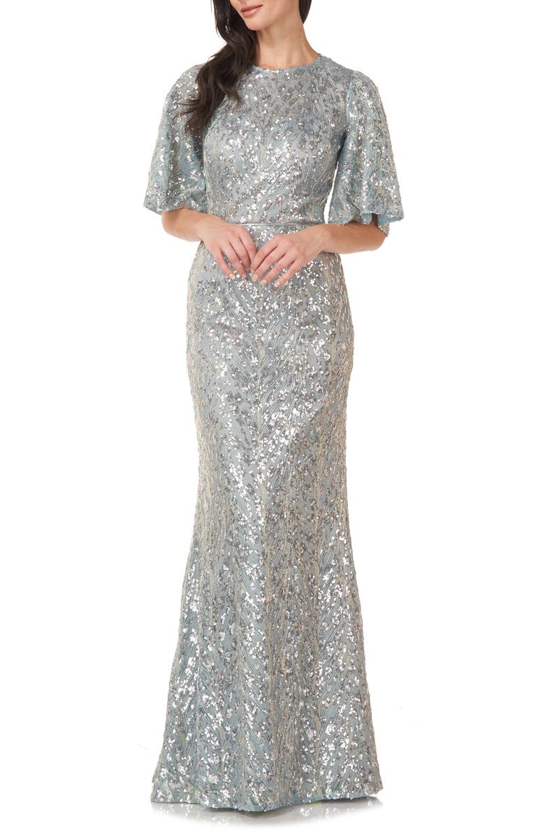 JS Collections Sequin Flutter Sleeve Trumpet Gown, Main, color, 