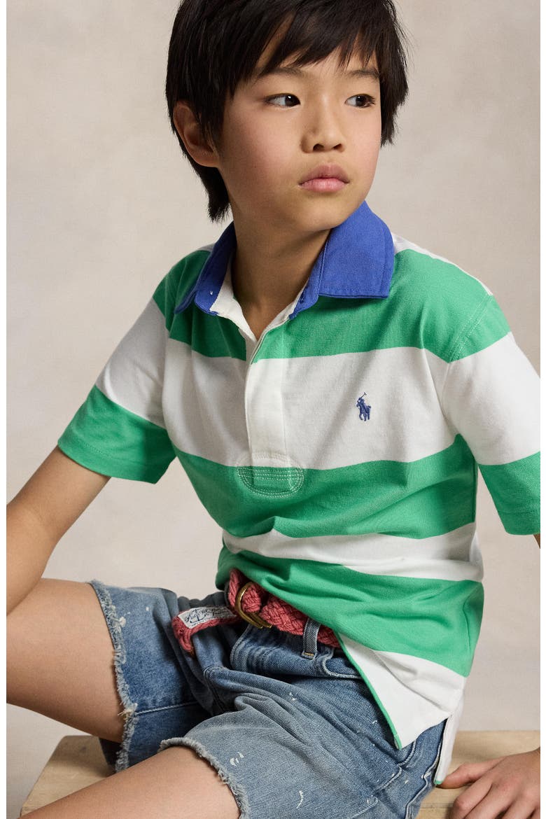 Kids' Rugby Stripe Cotton Jersey Polo, Alternate, color, PLATO GREEN/ WHITE
