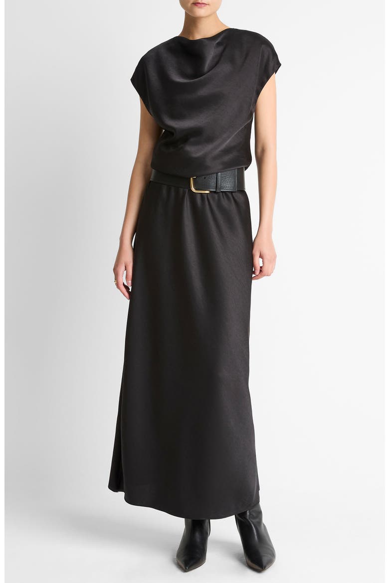 Draped Cowl Neck Cap Sleeve Midi Dress, Main, color, BLACK