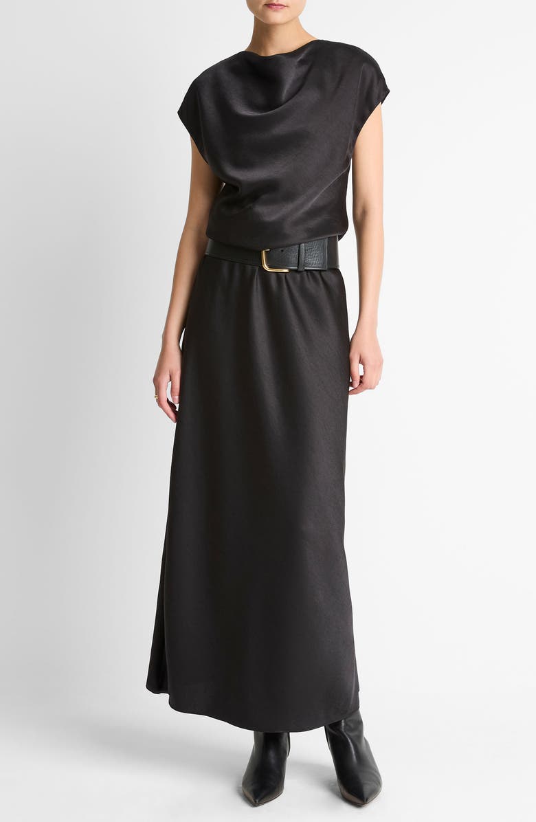 Vince Draped Cowl Neck Cap Sleeve Midi Dress, Main, color, Black