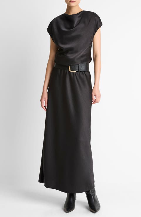 Draped Cowl Neck Cap Sleeve Midi Dress