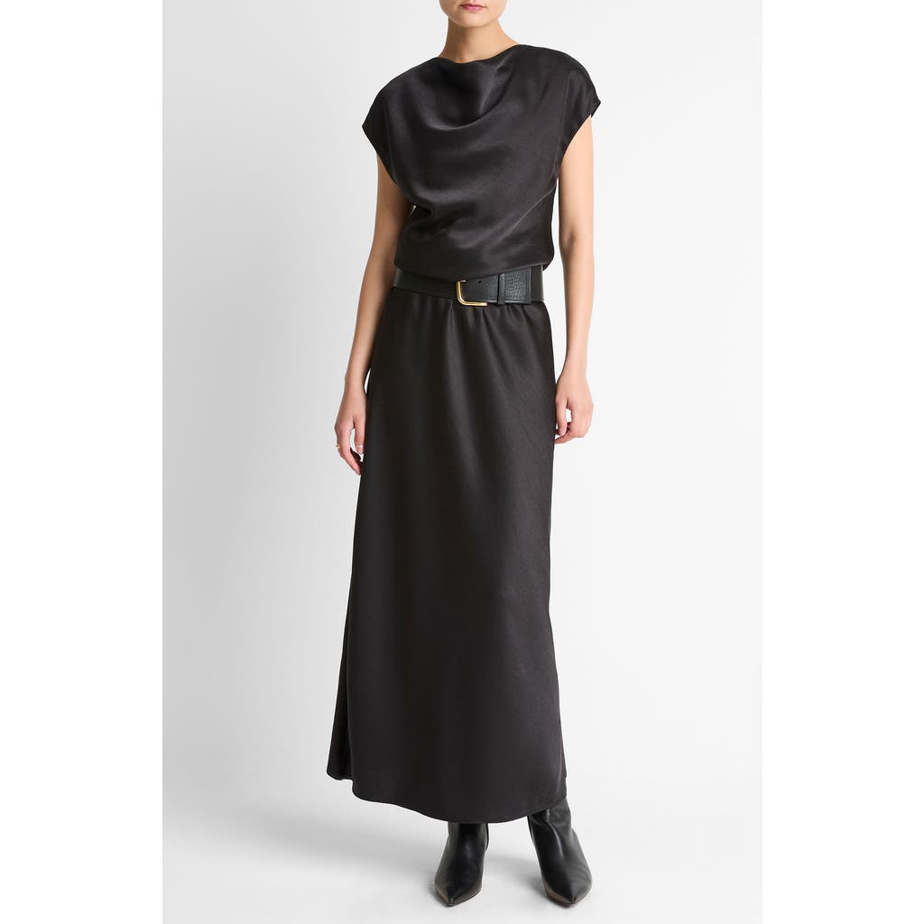Vince Draped Cowl Neck Cap Sleeve Midi Dress In Black
